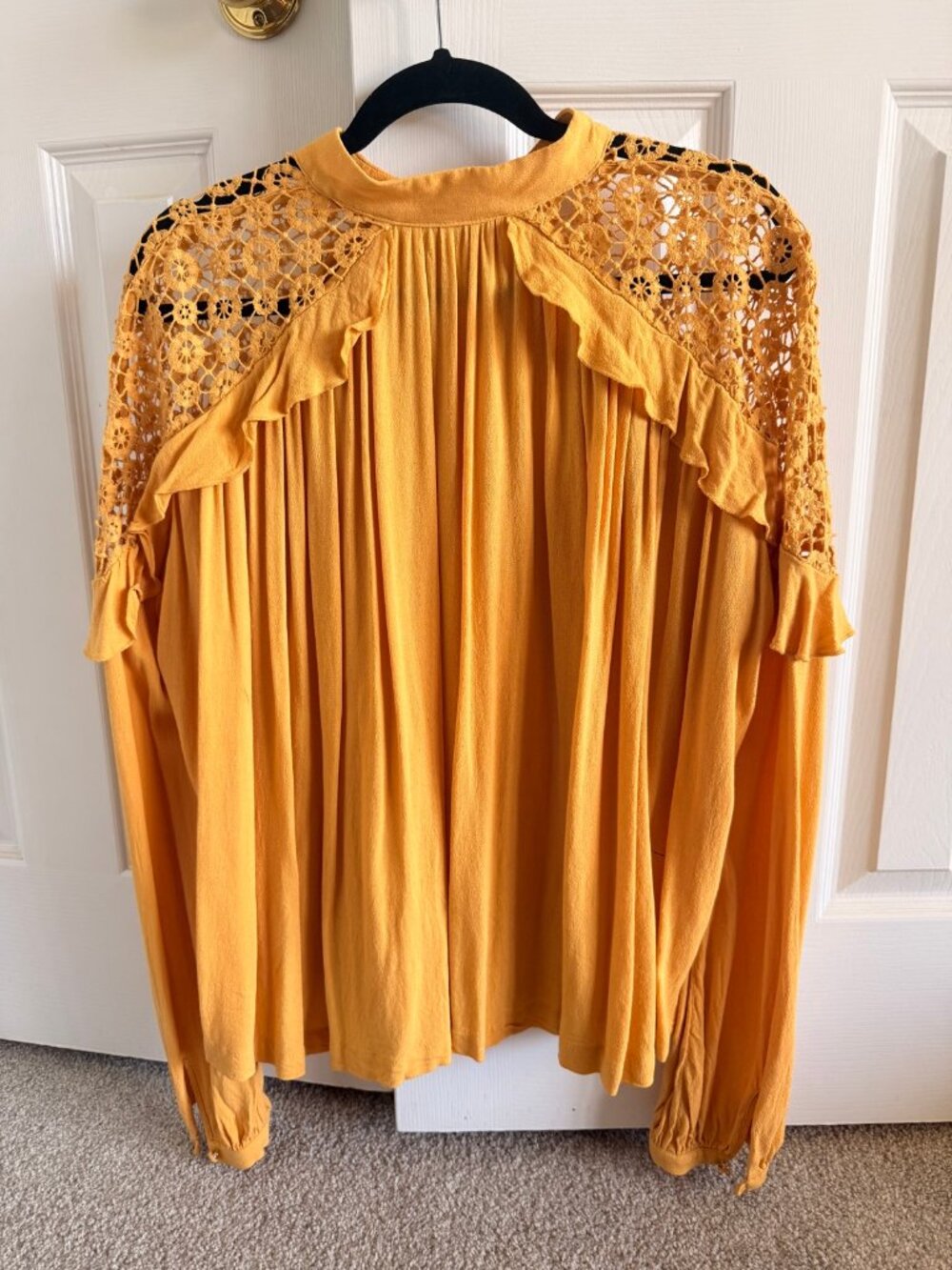 Free People Mustard Crochet Shoulder Blouse, Size L